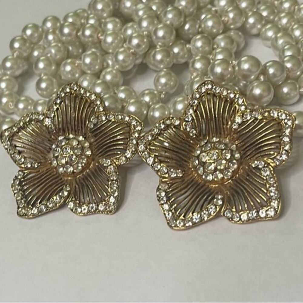 Vintage 80s 1980s Oversized Gold Rhinestone Crystal Flower Statement Earrings C3